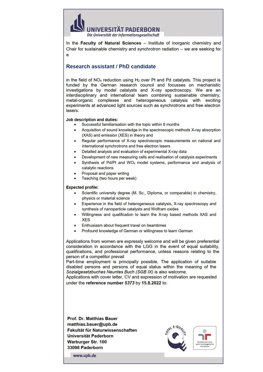 Another job offer for a PhD candidate in an affordable city and a dynamic scientific environment: Sustainable chemsitry and hydrogen for exhaust gas removal.
