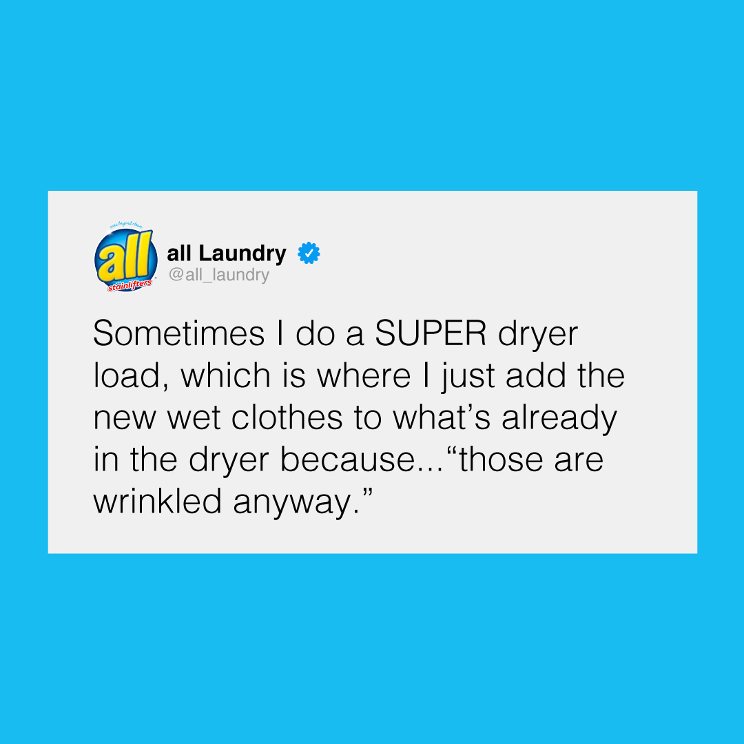 Gotta get those wrinkles out 😉

We’re coming clean about dirty clothes. What are some of your laundry laments? Comment below!

#comeclean #alllaundrydetergent #laundryday #laundryhacks #wrinkledlaundry