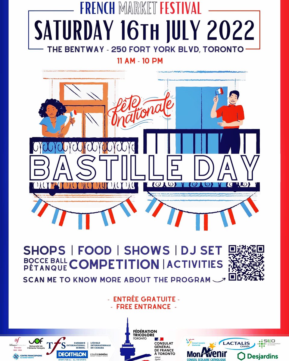 francetoronto's tweet photo. 🗣 Calling all Torontonians on July 16 to celebrate #BastilleDay🇫🇷 with us at @thebentway ! 
Come enjoy all things French during a one-Day festival especially for foodies, French music lovers and family weekenders fun. 
Don’t miss out !!
More info 👉 https://t.co/hCcGb46UWN https://t.co/9hkQssyOFl