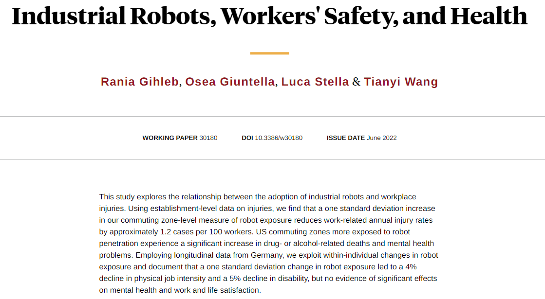 NBER (@nberpubs) on Twitter photo Robots led to a decline in injuries but had negative effects on the mental health of workers in the US; there is no evidence of this negative effect on mental health in Germany, from Rania Gihleb, <a href="/osea82/">Osea Giuntella</a>, <a href="/lucastella28/">Luca Stella</a>, and <a href="/tianyi91/">Tianyi Wang</a> nber.org/papers/w30180 Robots led to a decline in injuries but had negative effects on the mental health of workers in the US; there is no evidence of this negative effect on mental health in Germany, from Rania Gihleb, <a href="/osea82/">Osea Giuntella</a>, <a href="/lucastella28/">Luca Stella</a>, and <a href="/tianyi91/">Tianyi Wang</a> nber.org/papers/w30180