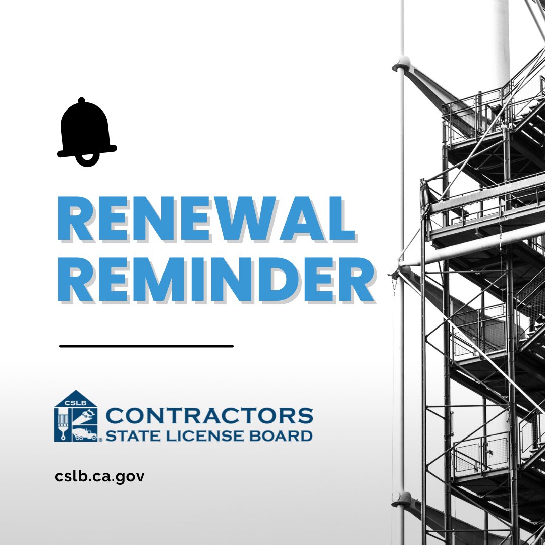 CSLB's tweet photo. Renewal Reminder from CSLB ✔️

If there has been a change in business entity (such as sole owner to corporation, etc.) you will not be able to renew the license.  You will be required to apply for a new license.  Learn more at https://t.co/ZiRMbtgH7Y. https://t.co/2OcL8JYQBV