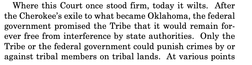 stevenmazie's tweet photo. Gorsuch's dissent laments the federal government's broken promise to Native Americans: "where this Court once stood firm, today it wilts." https://t.co/zfwMEanM3i