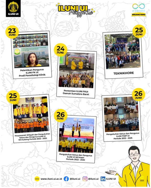 iluniui_'s tweet photo. Halo Rekan-rekan Alumni! ILUNI UI melakukan banyak kegiatan pada akhir Juni. Ada berbagai pelantikan mulai dari ILUNI FKUI Sumbar, ILUNI Wilayah Kepri, ILUNI Sulteng, dan ILUNI FISIP UI. ILUNI UI juga hadir dalam kegiatan seru bersama alumni FTUI di acara TEKNIKHORE. #alumniUI https://t.co/GAPBBjPikl