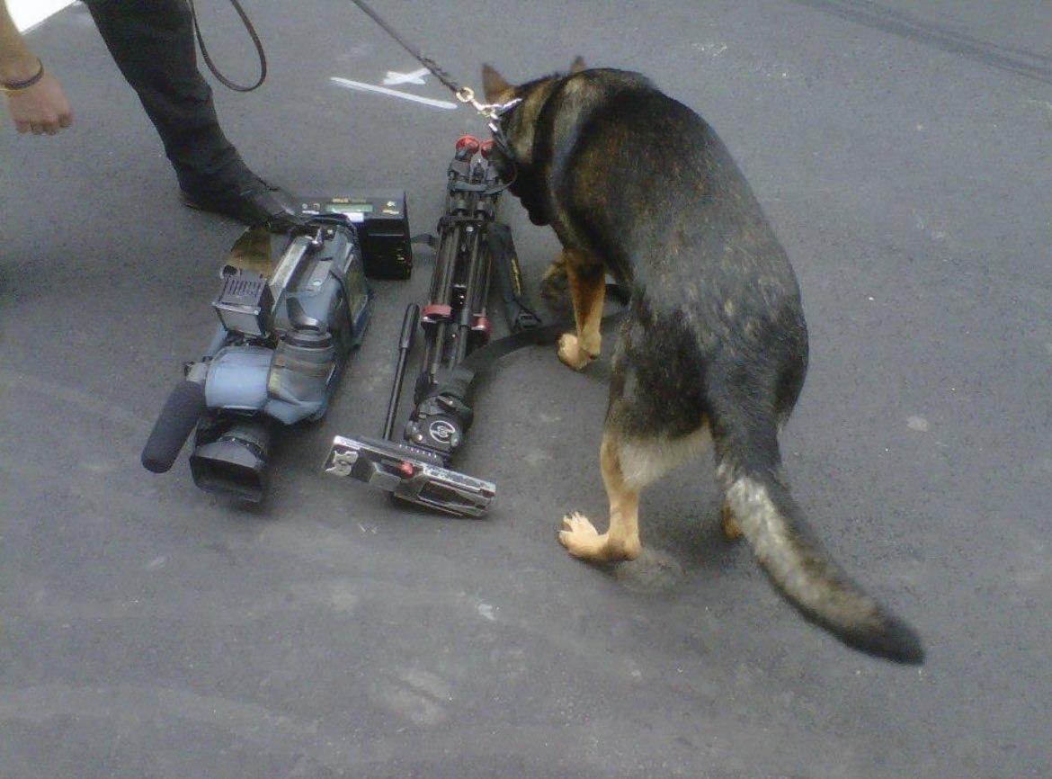 Lenslinger's tweet photo. I always wonder what K-9’s really smell when they sniff news gear…

House fire residue?

Fingerprints drenched in barbecue sauce?

The thwarted dreams of a once promising film school nerd?

Politician spittle? https://t.co/dAgoMbBG2Y