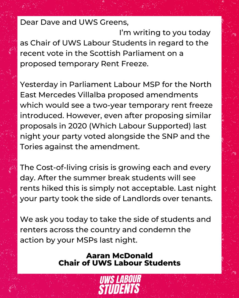 🚨Today, our chair <a href="/AaranMcDonald/">Aaran McDonald</a> wrote to <a href="/UWSGreens/">UWS Greens</a> asking them to take the side of students at UWS and condemn the actions of their party last night.