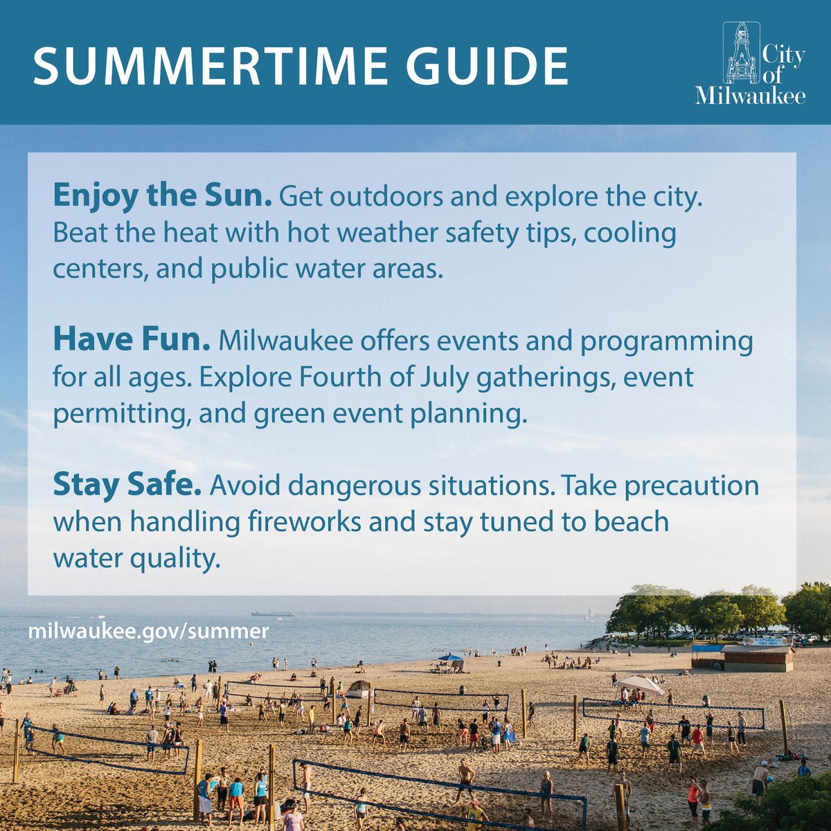 MKEhealth's tweet photo. ☀️Check out the #MKESummertimeGuide ☀️
Your guide to enjoying a fun and safe summer is here! Get outdoors, explore your city, beat the heat, find summer fun for youth, and stay safe.
Resources and helpful info from the City of Milwaukee ➡️ https://t.co/ZhPkxDmi7E. https://t.co/tcAzy7P7z3