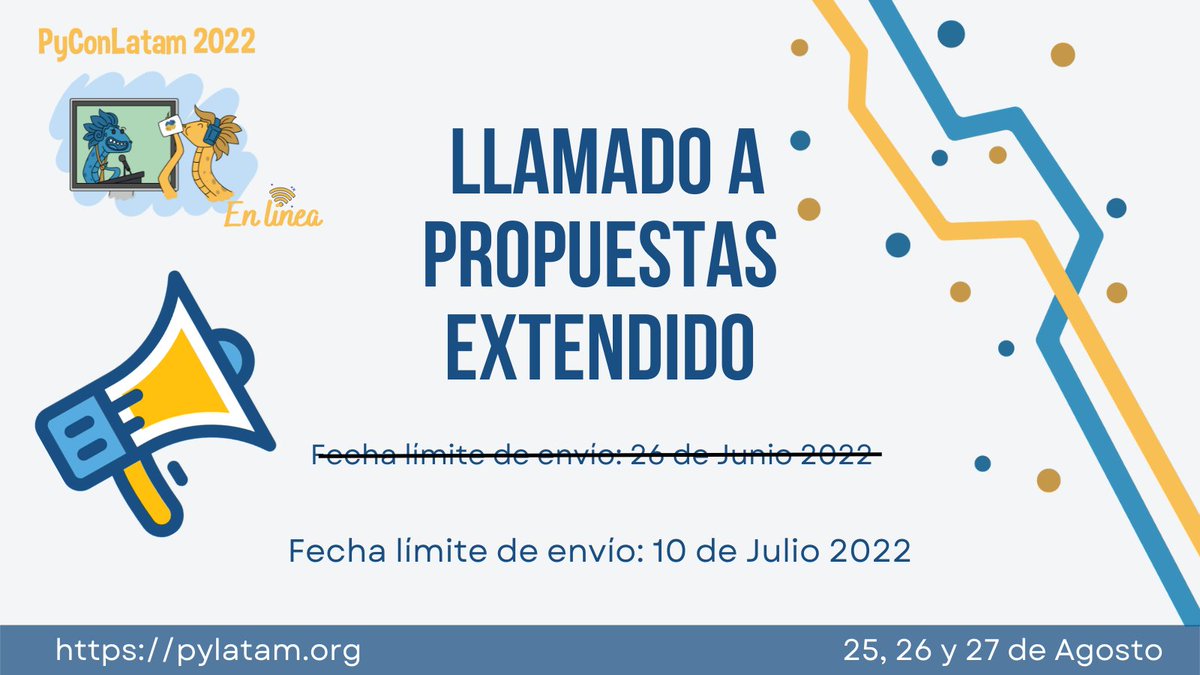 PyLatam's tweet image. 📢📢 ¡¡Gran noticia!!

Hemos decidido extender la convocatoria de llamado a propuestas de charlas hasta el 10 de Julio 2022.

¡No te pierdas esta última oportunidad!

¡Envía tu propuesta! 👇🏽
papercall.io/pyconlatam22

#Python 🐍
#pycon
#Latam
#PyConLatam21