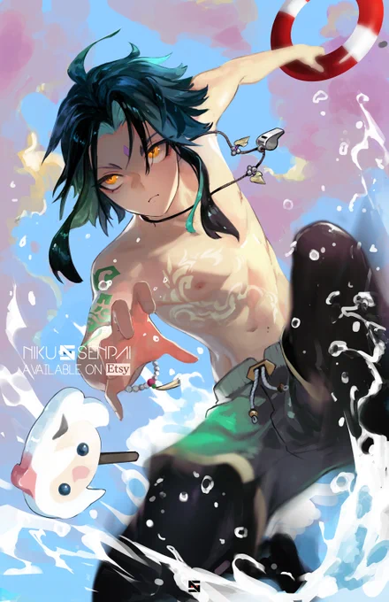 Xiao : Beach Impact
Keeping the Oceans of Teyvat Safe

#GenshinImpact #魈 #原神 #イラスト 