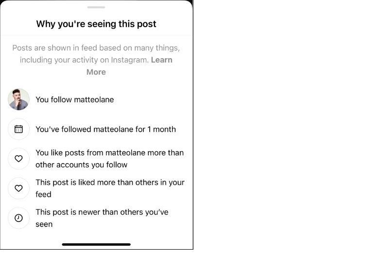Responsible AI can seem like a really big ethical problem. Broken down into everyday AI elements, it becomes very tangible. A great example of explainability UX is from Instagram. Selecting "why you're seeing this post" in the app, shows this:
#hcai #ai #rai #ai #ml #aiux