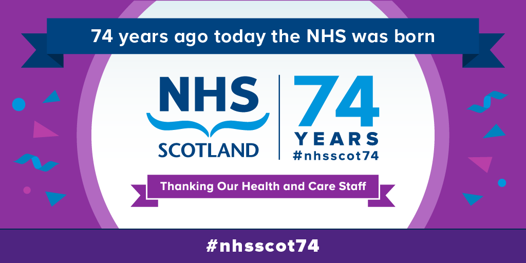 NHSScotland's tweet photo. 74 years ago today the NHS was born. Join us in marking this anniversary by expressing your thanks to those who work or have worked for NHS or social care services in Scotland. Who would like to thank? #thankyou #NHSScot74 #NHSanniversary @Carolineslamb @HumzaYousaf 

#nhsscot74 https://t.co/MmtG5FVNr9