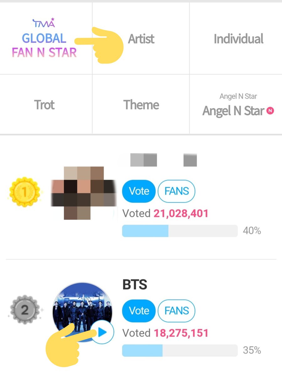 If you're having a hard time collecting stars, then you can do VIDEO VOTES: 1. Go to the 'Fan N Star' APP 2. Find & click TMA GLOBAL 3. Find BTS & click the VIDEO PLAY BUTTON 4. Watch again after 10 minutes ❗Max of 40x ads daily Guide: bit.ly/BAVT_FNS_Guide