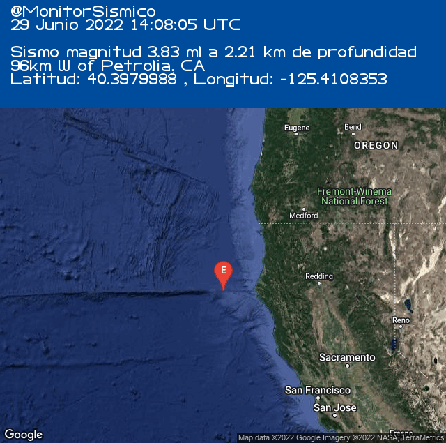 MonitorSismico's tweet photo. #Sismo M 3.83 96km W of Petrolia, CA. 29-06-2022 14:08 UTC https://t.co/L7ZoHcFGl9 #Temblor #USGS #Earthquake https://t.co/JM4isIQJxe