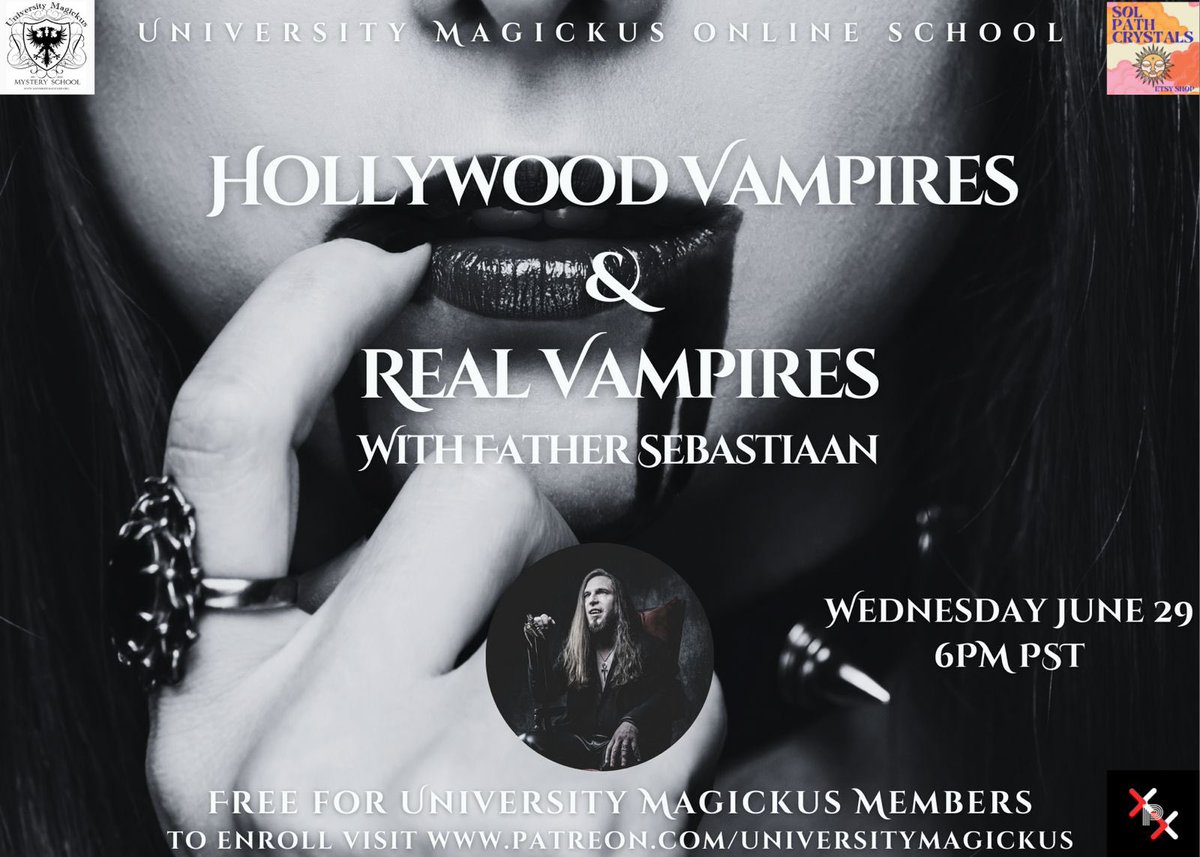eventbrite.com/e/hollywood-va… Free for university magickus members using the membership allowance, for info visit patreon.com/universitymagi…  A vampire is a creature from folklore that subsists by feeding on the vital essence (generally in the form of blood) of the living. <a href="/FatherSeb/">Father Sebastiaan</a>