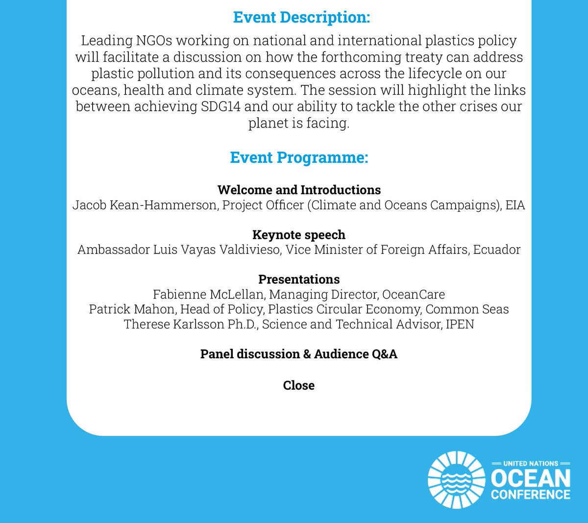 ⏰More info on event tomorrow at #UNOC2022! A lush 15min walk along the glorious Lisbon waterfront to the Ocean Base Camp. We have some incredible panellists and want to hear from YOU with your questions 🙋‍♀️

#PlasticsTreaty #plasticpollution