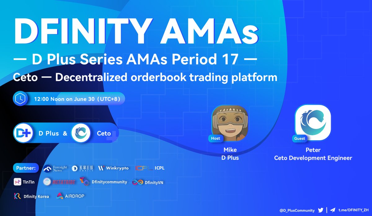 🎙️Tomorrow night, we are glad to invite Peter/Ceto development engineer to participate in D Plus's 1⃣7⃣th AMA event, let's talk about Ceto · Decentralized order book trading platform

Leave your questions about <a href="/CetoLabs/">Ceto∞</a>👇

🌈#DFINITY #ICP #IC #ETH #BTC #crypto #Web3 #NFT #DeFi