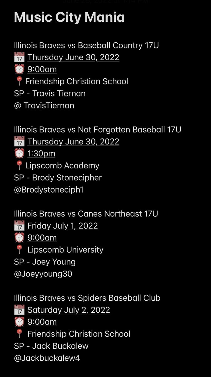 Music City Mania 2023 Pitching Rotation:  <a href="/MusicCityBB/">Music City Classic</a> <a href="/braves2023/">IllinoisBraves2023</a> <a href="/ILBraves/">Illinois Braves</a> <a href="/babyboy0401/">sam flowers</a>