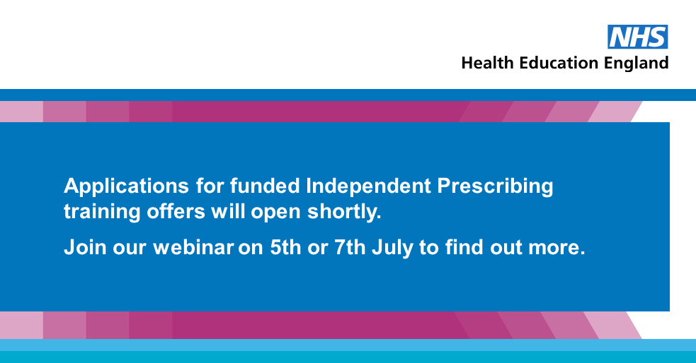 NHSE_WTE's tweet photo. Calling all #Pharmacists! 

The #pharmacy team  @NHS_HealthEdEng  will be running a webinar on Independent Prescriber training: Tues 5 / Thurs 7 July  

Register before Fri 1st July @5pm 👉: https://t.co/TFS2y9q8eA https://t.co/gKcONEim94