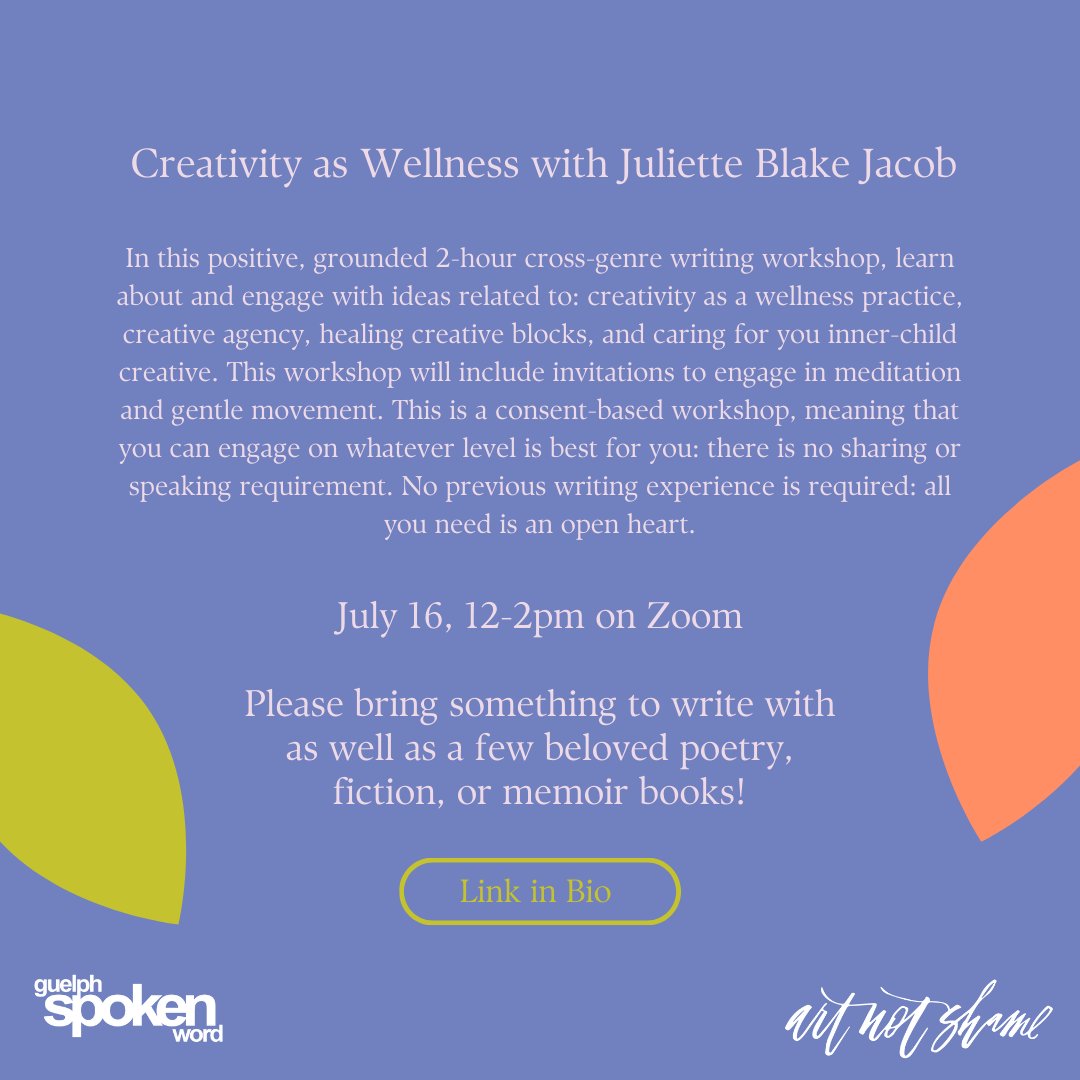 Art Not Shame (@artnotshame) on Twitter photo In this positive, grounded writing workshop, learn about and engage with ideas related to: creativity as a wellness practice, creative agency, healing creative blocks, and caring for your inner-child creative. 
Register here: eventbrite.ca/e/372908608687 In this positive, grounded writing workshop, learn about and engage with ideas related to: creativity as a wellness practice, creative agency, healing creative blocks, and caring for your inner-child creative. 
Register here: eventbrite.ca/e/372908608687