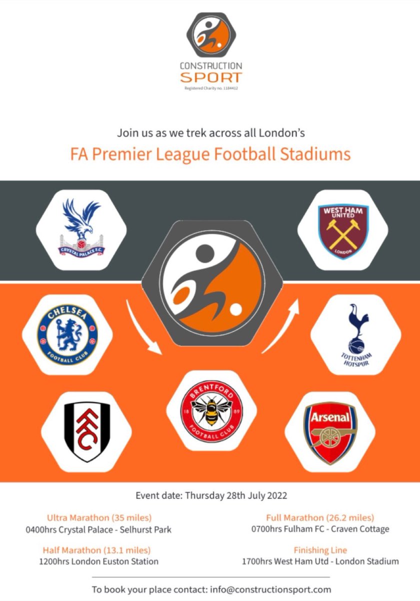 construct_sport's tweet photo. We are trekking 35 miles to visit every @premierleague stadium in London, July 28th!

As the construction sector commits so much to support professional sport it would be great to get a little support back:
@CPFC @ChelseaFC @FulhamFC @BrentfordFC @Arsenal @SpursOfficial @WestHam https://t.co/Zsz800qefy