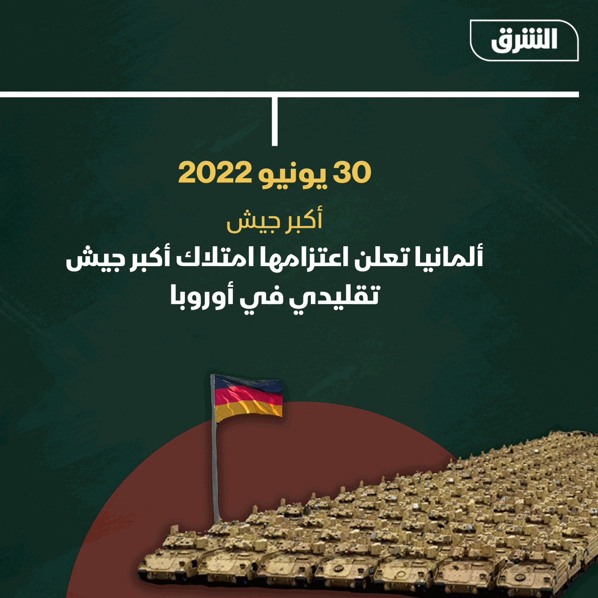AsharqNews's tweet photo. ثلاثة عقود كاملة تسببت في تراجع قدرات الجيش الألماني، لكن تفاقم التوترات السياسية دفع ألمانيا مرة أخرى لتعزيز قدراتها العسكرية

#الشرق #الشرق_للأخبار https://t.co/eOzY8xvP32