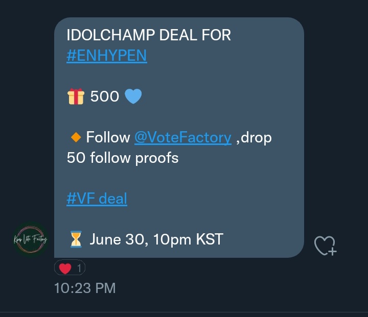 prcsfics_'s tweet photo. IDOLCHAMP DEAL FOR #ENHYPEN
๐ 500 ๐
๐ธ๏ธFollow @VoteFactory ,drop 50 follow proofs
#VF_deal
โณ June 30, 10pm KST
#ENFuelUp #ENVOOSTERS https://t.co/tK3YmbyxEQ