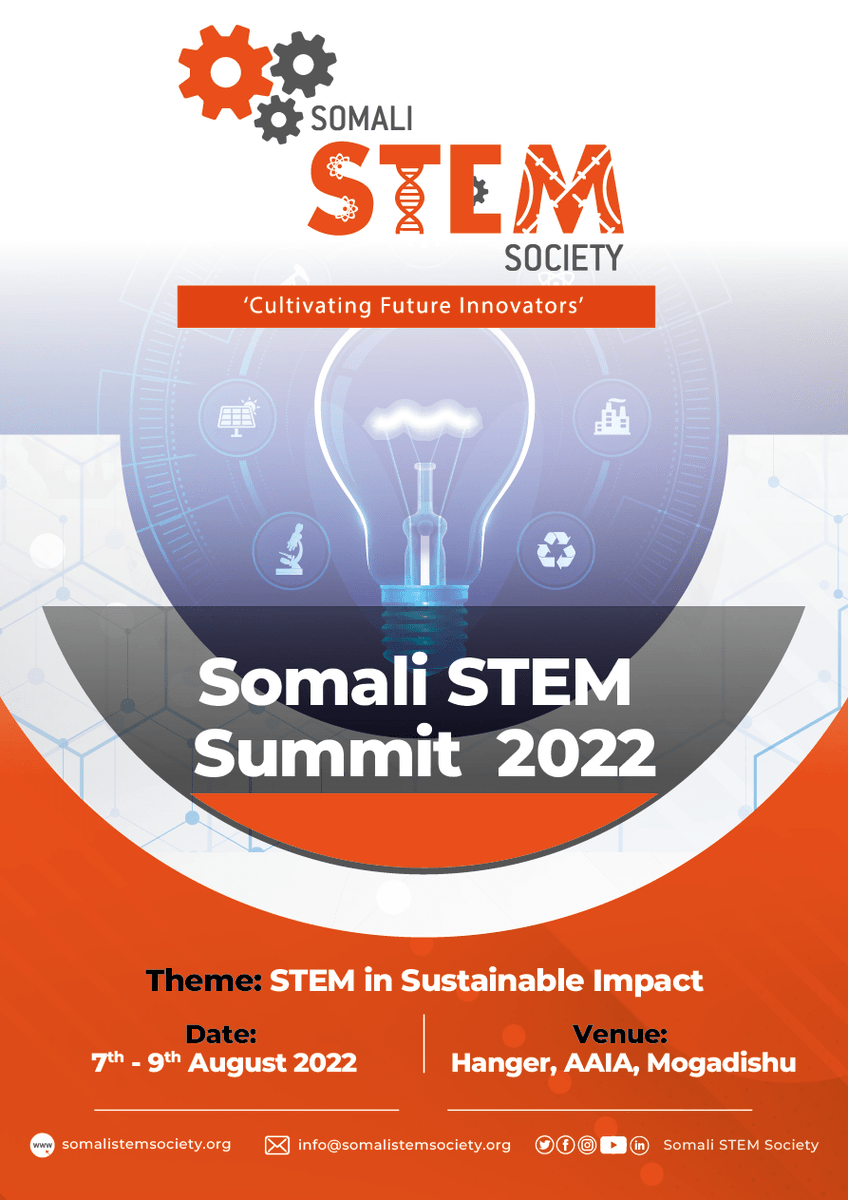 SomaliSTEM's tweet photo. Please mark your calendars and save the date to attend the Somali STEM Summit on the 7-9 August 2022, at Hanger - AAIA, Mogadishu. For an engaging 3 days conference filled with knowledge and networking opportunities.
#entrepreneur #sustainable #stem #STEMSummit
#WomenInSTEM https://t.co/NqppR4sGTf
