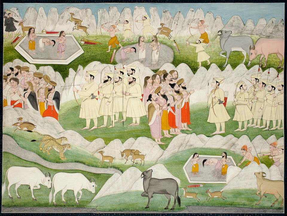 This is the 1st reference (&amp; painting) I found of the Gaddi Tribe of #HimachalPradesh in #Mahabharata 
'Gaddis meet Rishis in the Mountains'.
Illustration from a #Pahari c1830 #Kangra Mahabharat sold by <a href="/bonhams1793/">Bonhams</a> ($74,500).
<a href="/ranjona/">ranjona banerji 🇮🇳</a> <a href="/dpanikkar/">Don't Panik</a> <a href="/DalrympleWill/">William Dalrymple</a> <a href="/swativashishtha/">Swati Vashishtha</a>