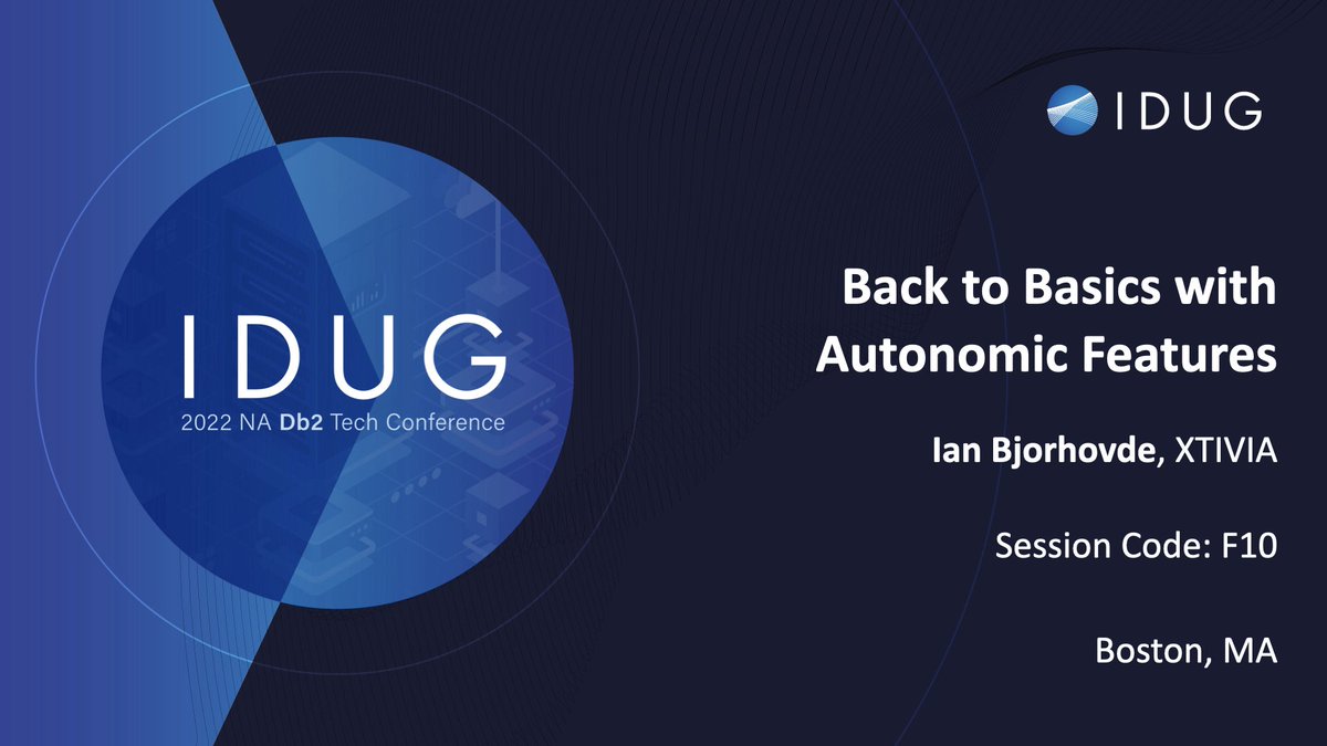 Really looking forward to speaking in person again at IDUG in Boston!  Come see my presentation on Db2 Autonomics on Wednesday, July 13 at 9:00am #IDUGDb2