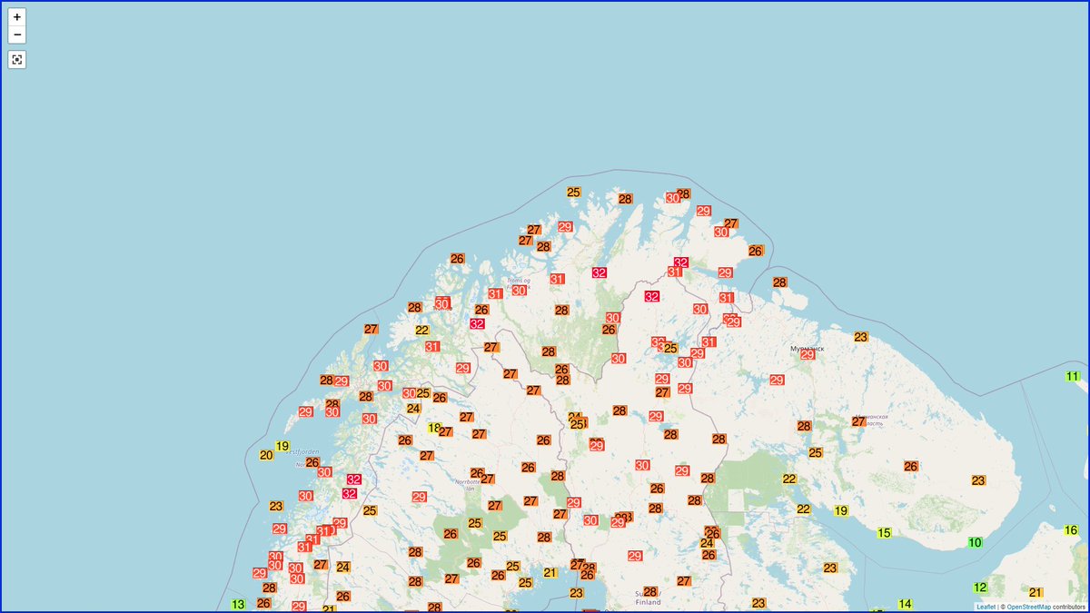 Encore plus chaud en Arctique avec 32.5°C au delà de 70°N à Tana Bru en #Norvège ce mercredi, ce qui représente un record pour un mois de juin sur tout le secteur de l'extrême nord de la Finlande et Scandinavie. Carte Ogimet 
