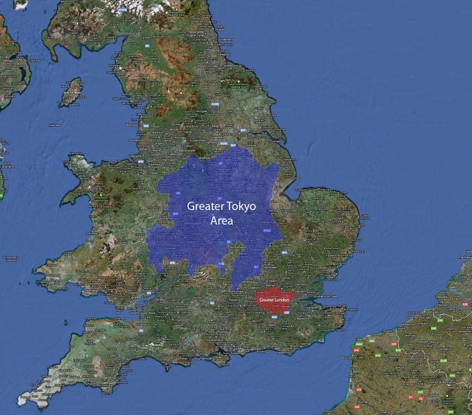 Rainmaker1973's tweet photo. The Greater Tokyo Area is the most populated metropolitan area in the world, with 38.14 million people living there [https://t.co/Dy3KQTInbX]. Here it is superimposed on to the UK [https://t.co/OwVa2x1QxC] https://t.co/IZf5Oz1MSz