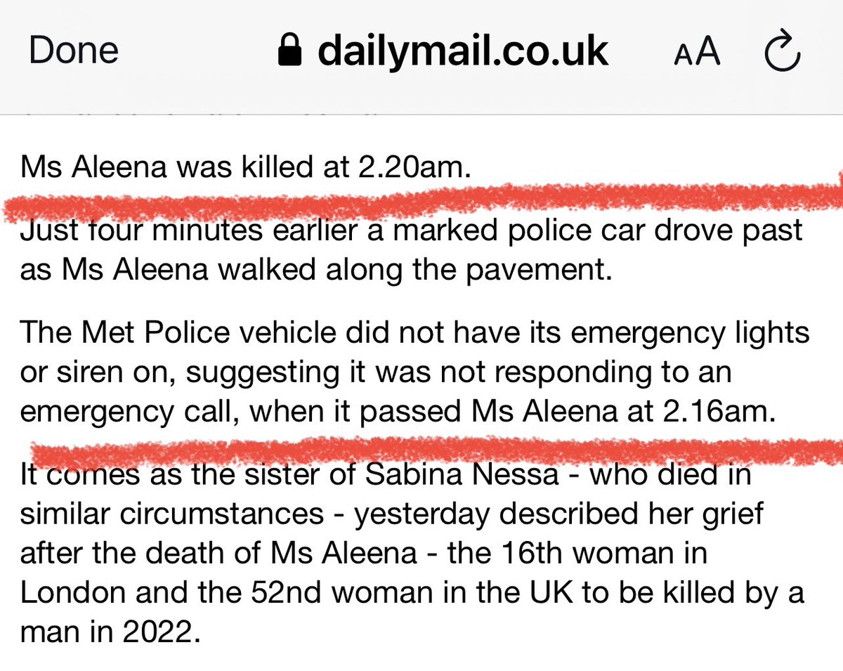 My mum used to tell me that in 1960’s London if police saw you walking out in the evening they’d make sure you were safe and escort you home. Police drove past #ZaraAleena and didn’t stop to see if she’s ok and escort her home. 4 mins later she was killed.
