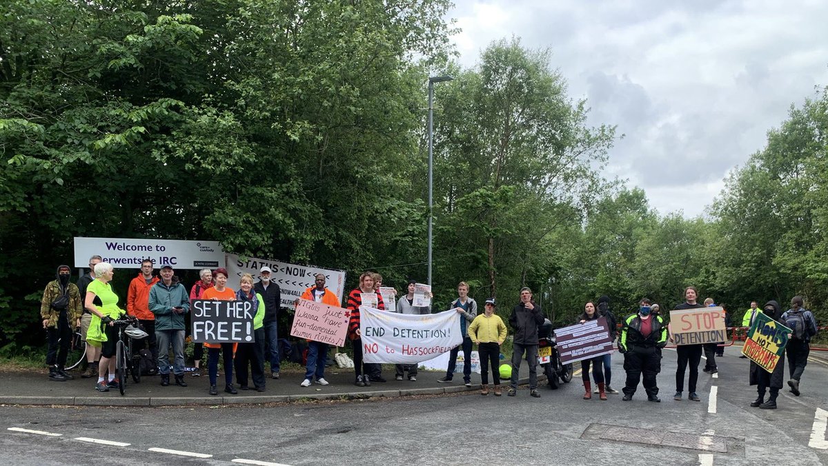 No2Hassockfield's tweet photo. Holding strong at #Derwentside IRC. Mitie Van has still not been able to get into the site. 

We have received word that the charter flight to #Nigeria and #Ghana is taking off from #Birmingham airport with @hifly_airline at 10:30pm. 

@hifly_airline SHAME ON YOU! https://t.co/PYJXJ6snlF