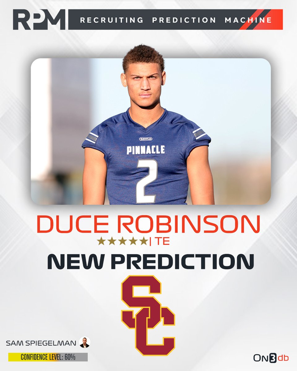 On3 Recruits (@on3recruits) on Twitter photo On3's <a href="/samspiegs/">Sam Spiegelman</a> has placed an expert prediction for USC to land the No. 1 TE in the country Duce Robinson✌️
on3.com/db/duce-robins… On3's <a href="/samspiegs/">Sam Spiegelman</a> has placed an expert prediction for USC to land the No. 1 TE in the country Duce Robinson✌️
on3.com/db/duce-robins…
