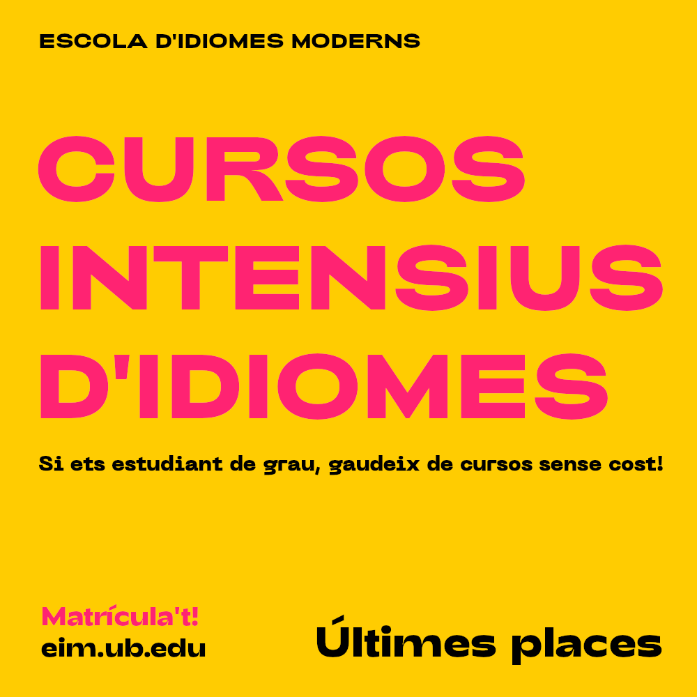 UniBarcelona's tweet photo. #IdiomesUB | Últimes places disponibles per als cursos intensius d’estiu de l’Escola d’Idiomes Moderns. Aprofita aquest mes de juliol per millorar i certificar el teu nivell d’anglès, italià, portuguès o xinès. 

Informa-te’n a 👉 https://t.co/LlMeu3GHT5 https://t.co/3xZsBgwiiF