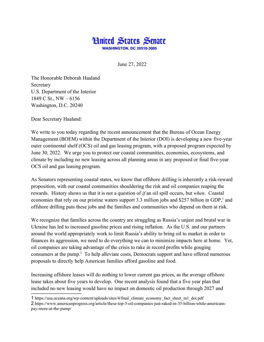 oceana's tweet photo. 🌎🌊 Senators to @SecDebHaaland: "We urge you to uphold @POTUS’ promise, and include no new lease sales in the next five-year OCS oil and gas leasing program" #NoNewLeases #ProtectOurCoast 

@Interior @BOEM @SenatorMenendez @SenFeinstein @SenJeffMerkley https://t.co/krkspRMwf1