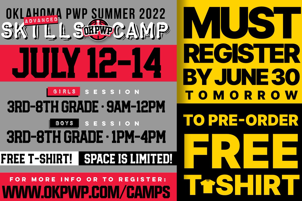 oklahomapwp's tweet photo. PWP ADVANCED SKILLS CAMP
There are still a few spots available! Register by June 30th to guarantee sizing on FREE camp t-shirt! https://t.co/uF8OYksCDj https://t.co/rWqXcfwdXO