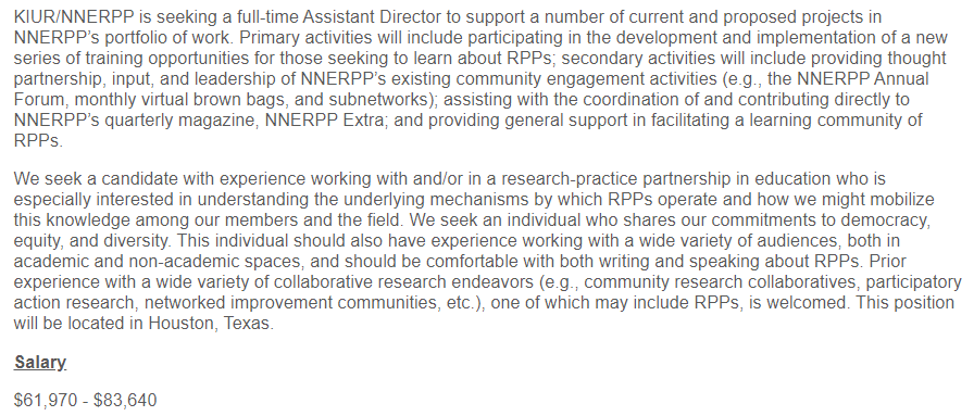 brianholzman's tweet photo. 📣📢 The National Network of Education Research-Practice Partnerships (@RPP_Network) is hiring an assistant director! More info here: https://t.co/voMWNbFNrM

I've gotten to know the NNERPP team while at Rice &amp; they're a great group. Please distribute widely! #rppchat #edchat https://t.co/gmVo9wctFF