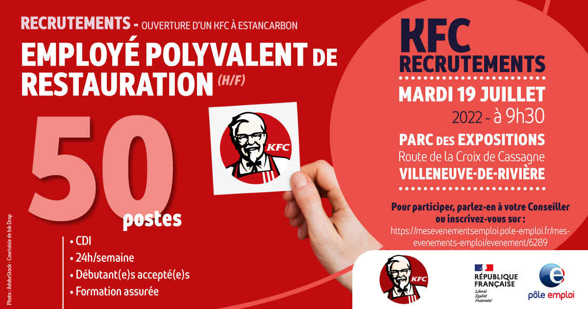 #Tousmobilisés #Emploi en #Comminges
Le Pôle Emploi de Saint Gaudens accompagne KFC dans son recrutement de 5⃣0⃣ employé(e)s polyvalent(e)s pour l'ouverture de son restaurant à Estancarbon. 
📢Vous êtes intéressés, inscrivez vous !
@Poleemploi_oc <a href="/GreneuxValerie/">Valérie Greneux</a> <a href="/KFCFrance/">KFC France</a>