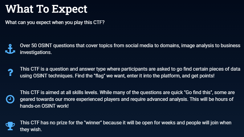 osintgamesctf's tweet image. Are you as excited as we are that our TENET #OSINT #CTF starts in 2 days?
Get your spot in the CTF now myosint.training/courses/og-ten…
And remember that our CTF is a learning CTF. You have months to play it and we provide hints to help you learn.