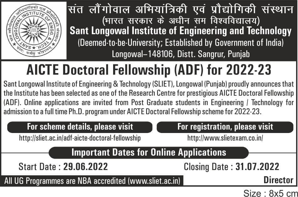 officialsliet's tweet photo. AICTE Doctoral  Fellowship (ADF)  for 2022-23 https://t.co/LZvpSZUHYt