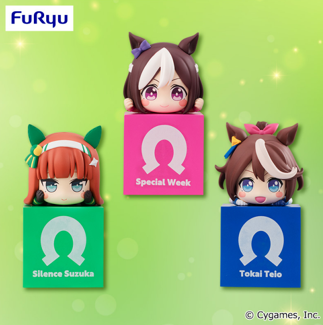 タイトーオンラインクレーン ウマ娘 プリティーダービー より ひっかけフィギュア第1弾が登場 スペシャルウィーク サイレンススズカ トウカイテイオー がラインナップ 蹄鉄マークが描かれた台座がセットになっていて それぞれの表情に注目