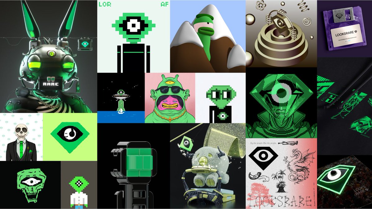 Here’s a link to the LooksRare logo files if you’re looking for a point of reference:
docs.looksrare.org/about/brand-lo…
 
If you need some inspiration, check out the below medley of dope shit from different artists and creators that include the LooksRare logo, or use it as inspiration.