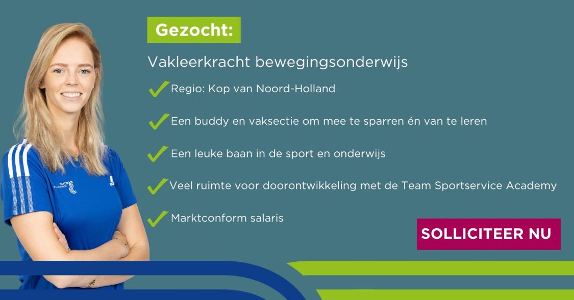 (Bijna) vakleerkracht bewegingsonderwijs? Kom werken bij onze toffe organisatie <a href="/TSNoordHolland/">Team Sportservice NH</a> in de Kop van Noord-Holland. Interesse? Reageer snel (tot 4 juli) via de site of stuur mij een pb: teamsportservice.nl/vacatures/vakl…