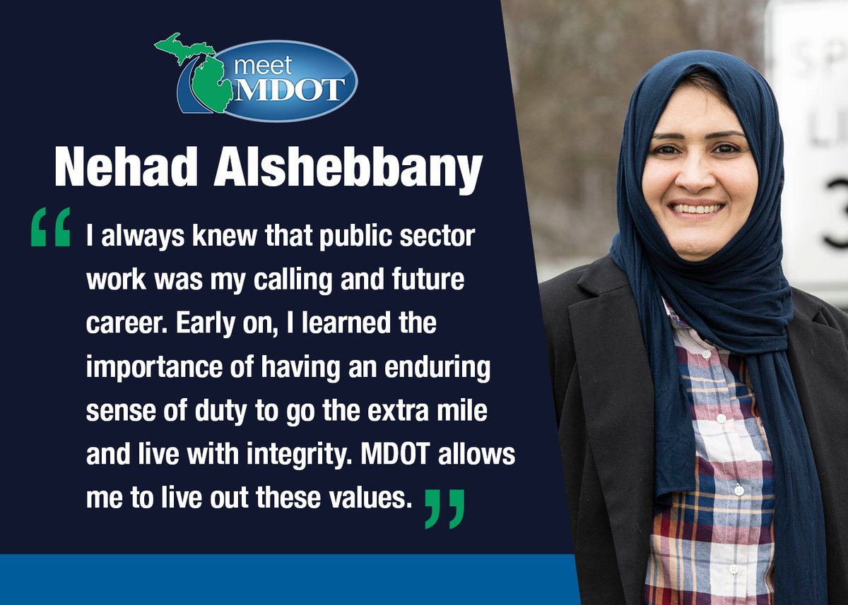MichiganDOT's tweet photo. Meet Nehad Alshebbany, a member of the @MDOT_Southwest design unit. Nehad came to @MichiganDOT after starting her career working as an engineer and project manager for the Iraqi government. https://t.co/FK6IblFwKZ #MeetMDOT https://t.co/RNIk5gT6Zh