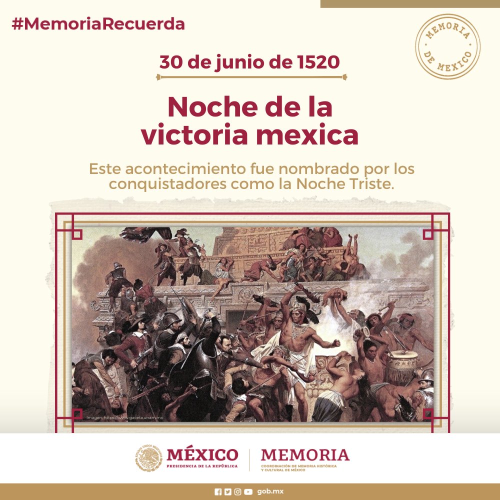 La noche del 30 de junio de 1520, las tropas de Hernán Cortés y sus aliados tlaxcaltecas fueron derrotados por los guerreros mexicas luego de que intentaran huir de México-Tenochtitlan. 🌑 🏹⚔️ #MemoriaRecuerda