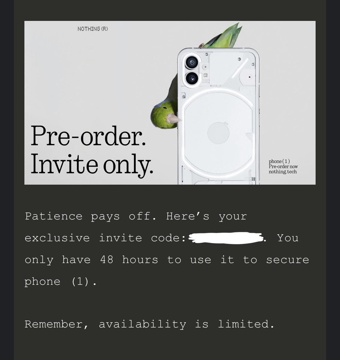 Giving away Nothing phone (1) invite code

Like &amp; Retweet

I will announce the winner in 24h ✌️