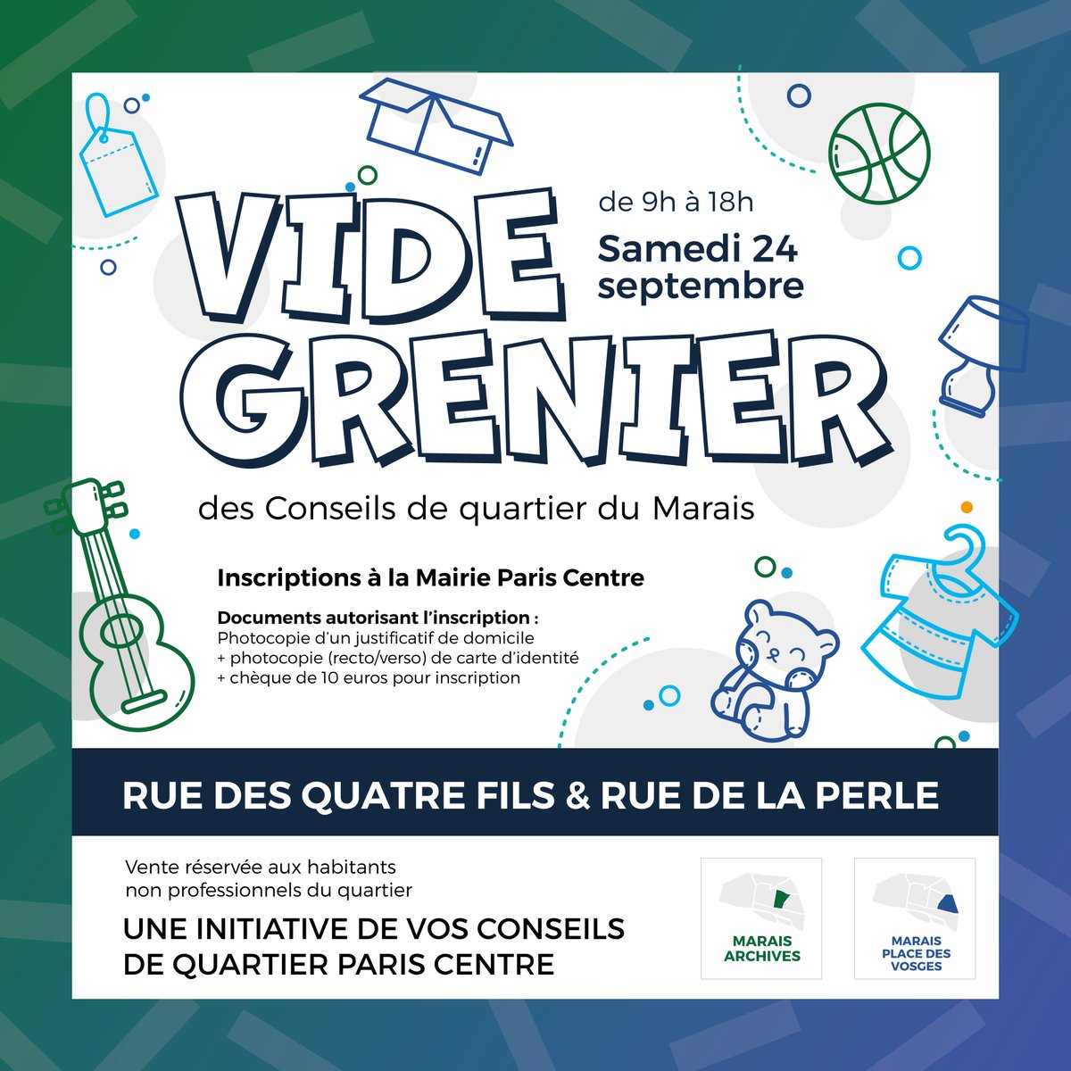 Venez vous inscrire au Vide grenier du 24 septembre lors de la permanence du jeudi 7 juillet de 17h à 19h à la <a href="/MParisCentre/">Mairie de Paris Centre</a> ! avec le <a href="/CQMaraisVosges/">CQ Marais - Place des Vosges</a>