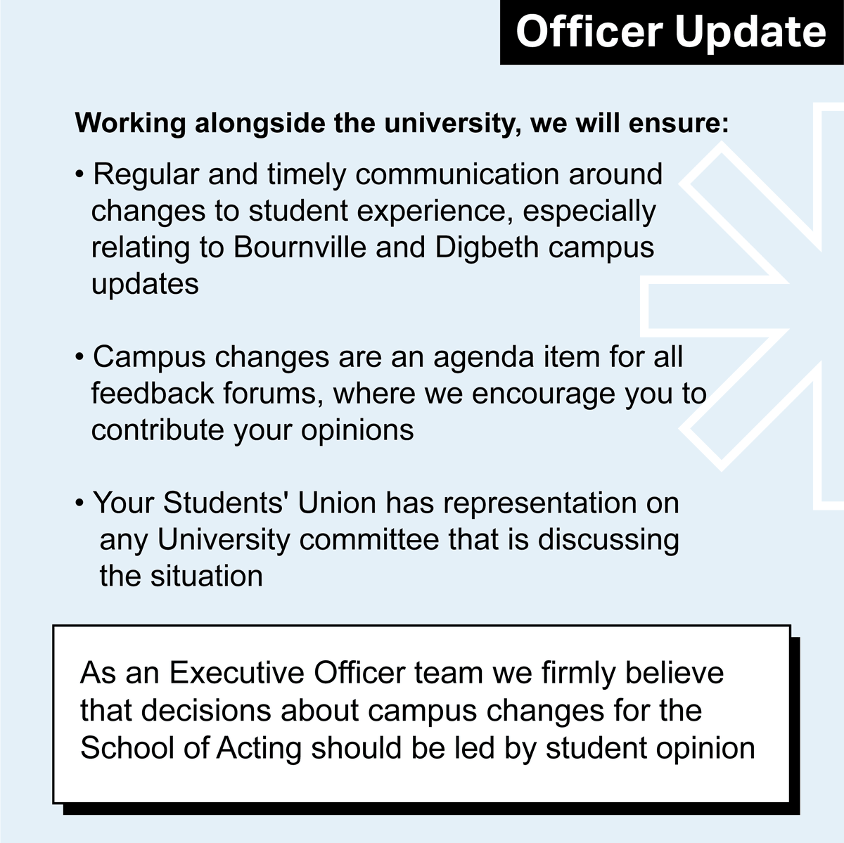 BCUSU's tweet photo. Your Students' Union will work hard to uphold the University to improving the Bournville campus, ensuring they implement changes that positively impact your student experience. Read your Officer statement here 👇 https://t.co/sJqaBS7ee6