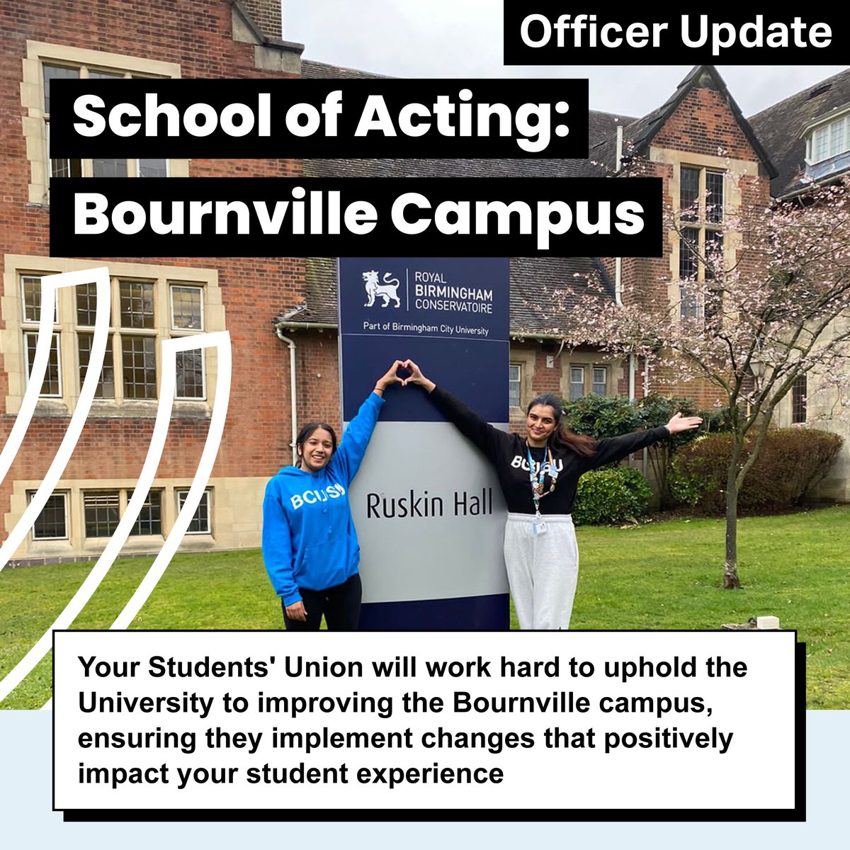 BCUSU's tweet photo. Your Students' Union will work hard to uphold the University to improving the Bournville campus, ensuring they implement changes that positively impact your student experience. Read your Officer statement here 👇 https://t.co/sJqaBS7ee6
