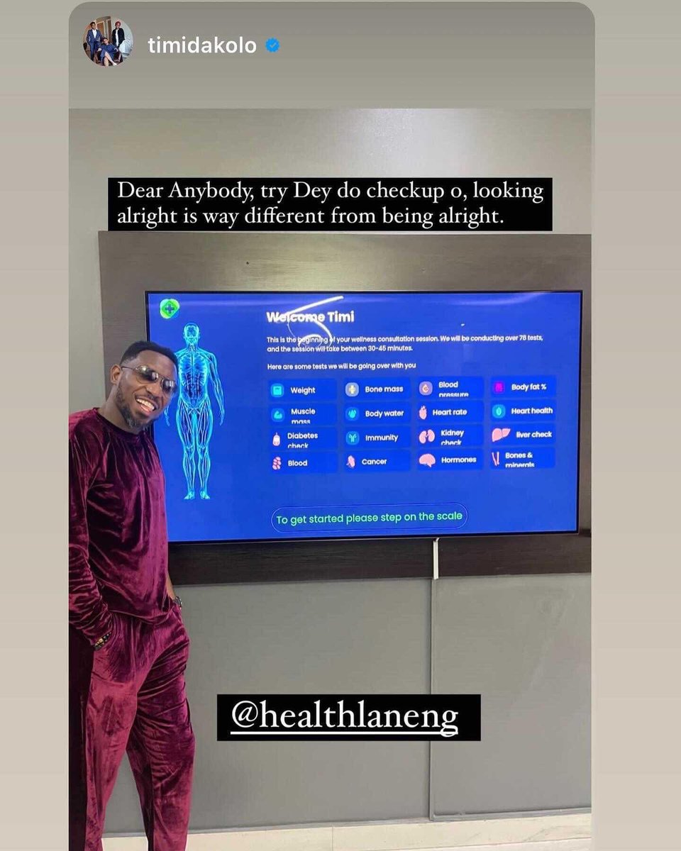 "Cher tous, essayez de faire un check-up car, avoir l'air
bien est très différent d'être bien".

Des mots sages de <a href="/timidakolo/">Timi Dakolo</a> 

Merci de vous être arrêté chez @healthlaneng pour votre
pour votre check-up complet M. Timi !

#healthlane #comprehensivecheckup #chorusleader